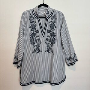 Chicos Blue Striped Embroidered Long Sleeve Tunic Top